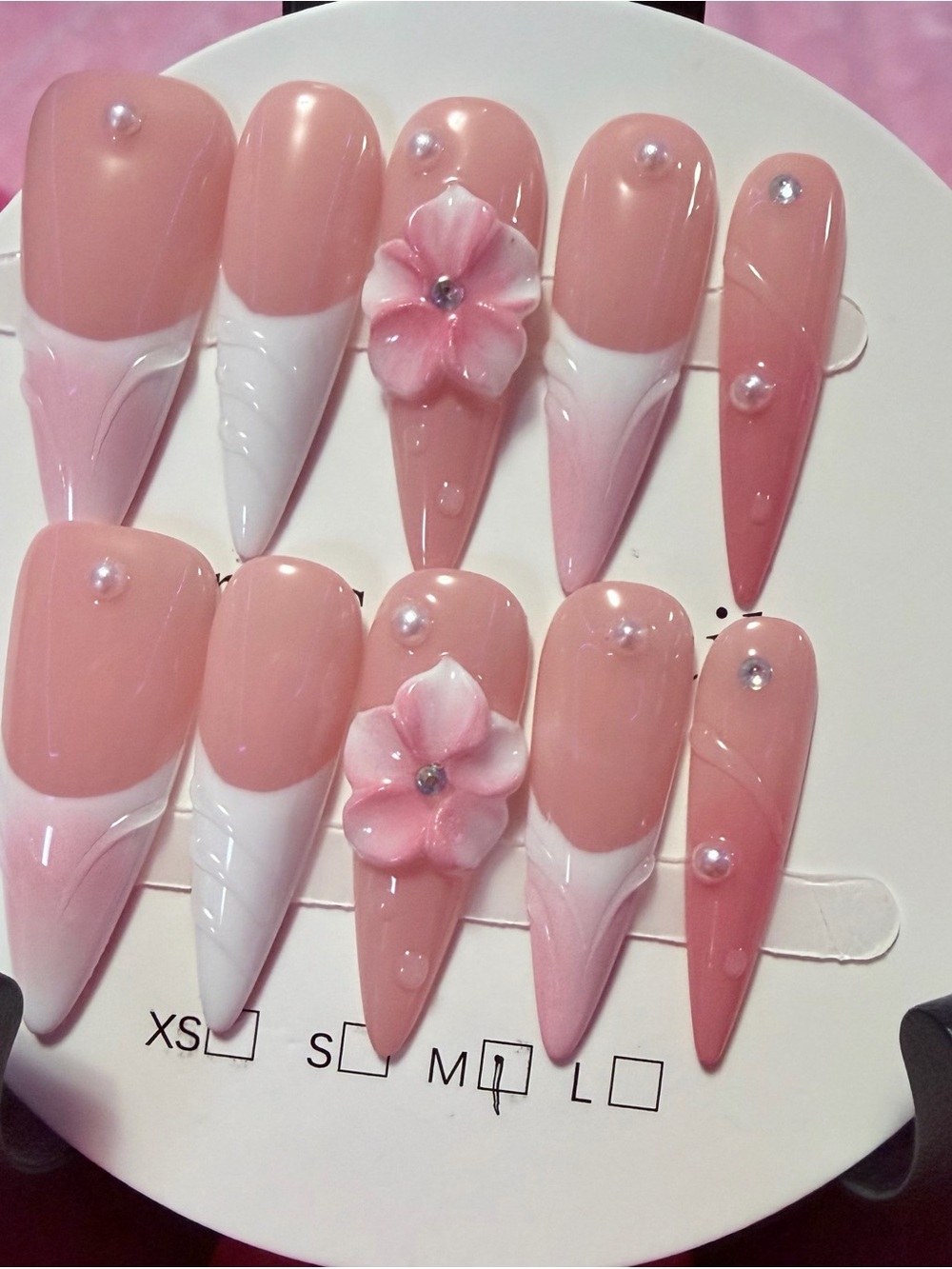 Pressed Pink Floral Stiletto False Nails - Women Makeup - Picture 1 of 1